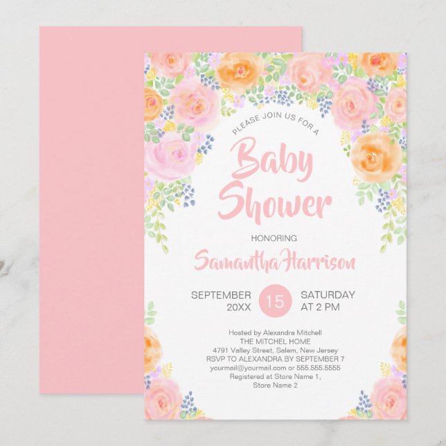 Invitation Baby shower Rose Roses Aquarelle Floral Girl (Devant / Derrière)