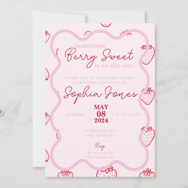 Invitation Baby shower rose rouge ondulé doux baie fille (Devant)