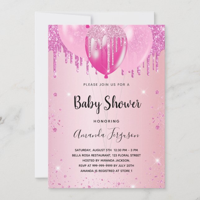 Invitation Baby shower rose rousse parties scintillant ballon (Devant)