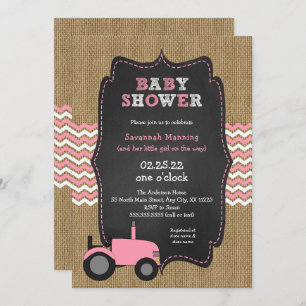 Invitation Baby shower rose rustique de fille de tracteur
