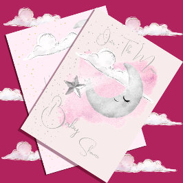 Invitation Baby shower rose sur l'aquarelle de la lune