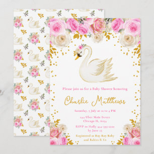 Invitation Baby shower Rose Swan Pink et Gold