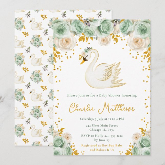 Invitation Baby shower Rose Swan Sage Green et Gold (Devant / Derrière)