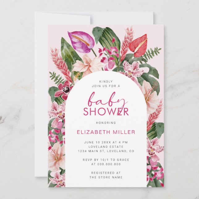 Invitation Baby shower rose tropical (Devant)