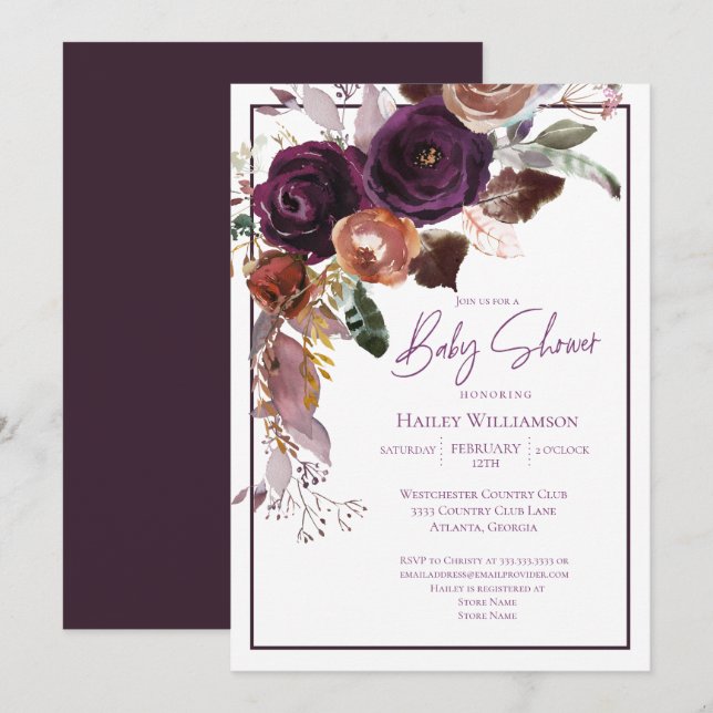 Invitation Baby shower rose, violet, bordeaux et or (Devant / Derrière)