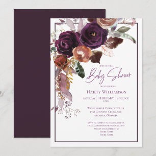 Invitation Baby shower rose, violet, bordeaux et or