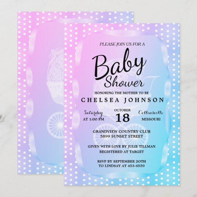 Invitation Baby shower 👶 rose, violet et bleu dégradant (Devant / Derrière)