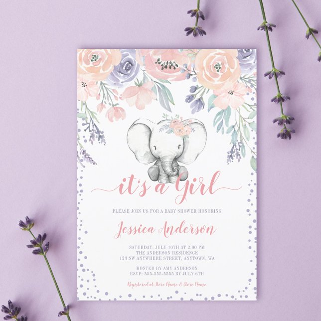 Invitation Baby shower rose violet floral éléphant fille (Créateur téléchargé)