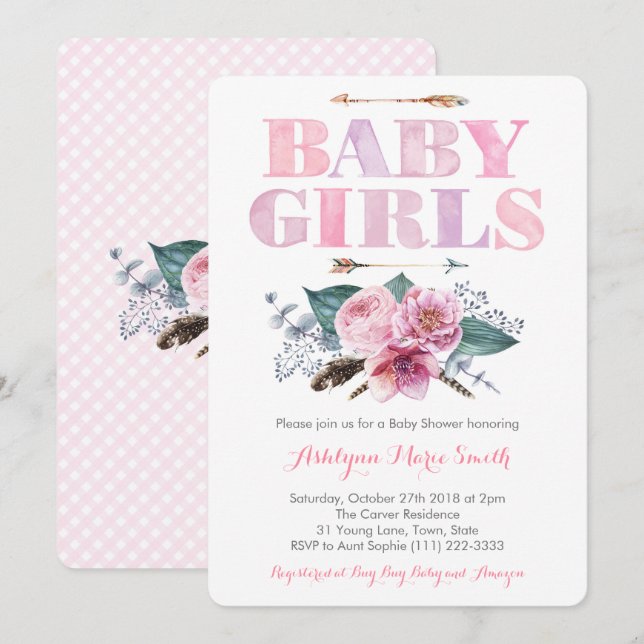 Invitation Baby shower rose violet jumeaux pour filles (Devant / Derrière)