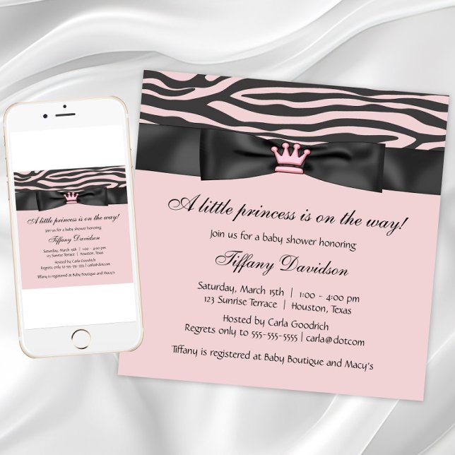 Invitation Baby shower rose Zebra (Pink zebra baby shower invitation. Add your own text. Digital download and printed invitations.)
