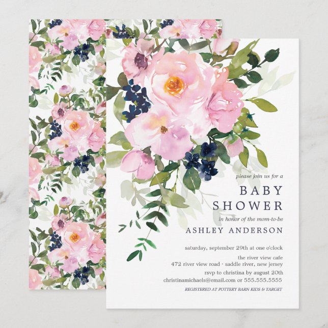 Invitation Baby shower Roses et pivoines (Devant / Derrière)