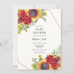 Invitation Baby shower Roses rouges et tournesols