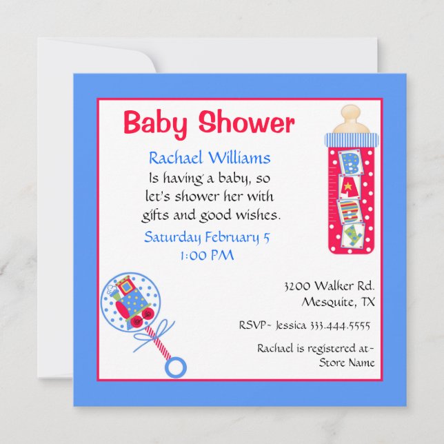 Invitation Baby shower rouge, blanc et bleu (Devant)