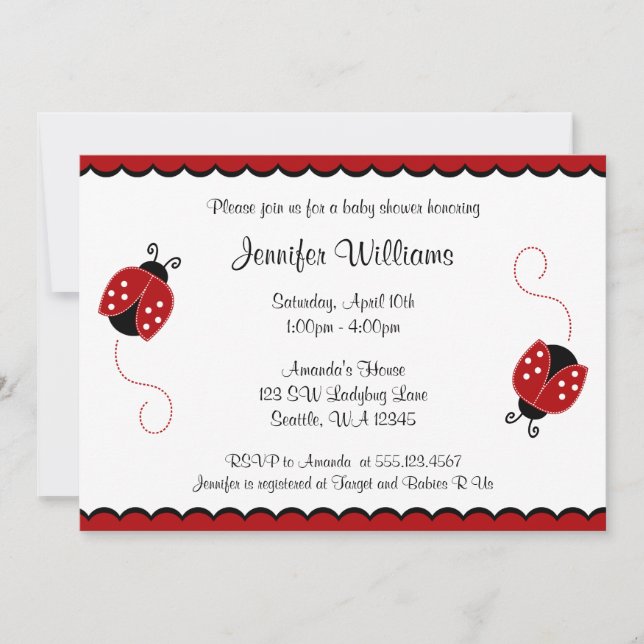 Invitation Baby shower rouge et noir de Ladybugs (Devant)