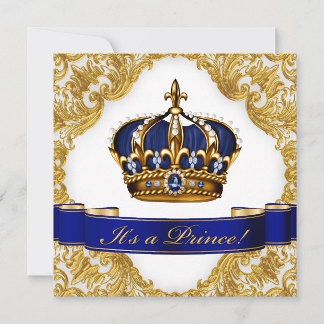 Invitation Baby shower Royal Blue and Gold Crown Prince (Devant)