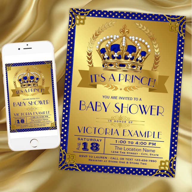 Invitation Baby shower Royal Blue Gold (Fancy Royal Blue Gold Prince Baby Shower Invitation. Download and printed invitations available.)