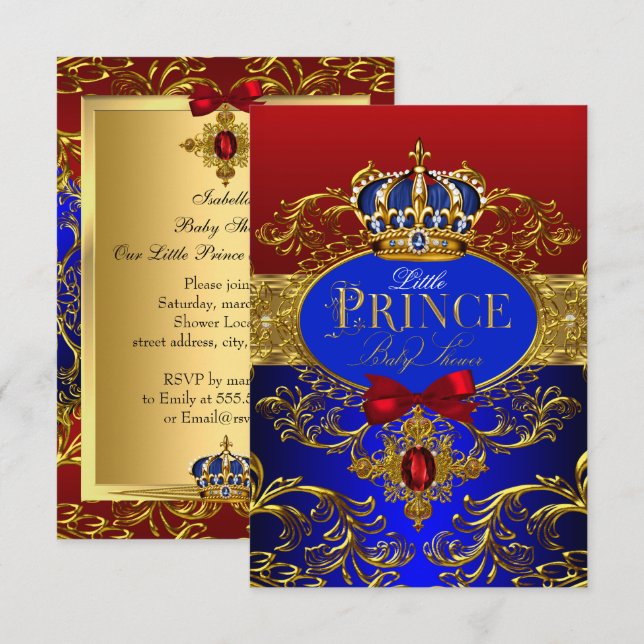 Invitation Baby shower Royal Crown Red & Blue Little Prince (Devant / Derrière)