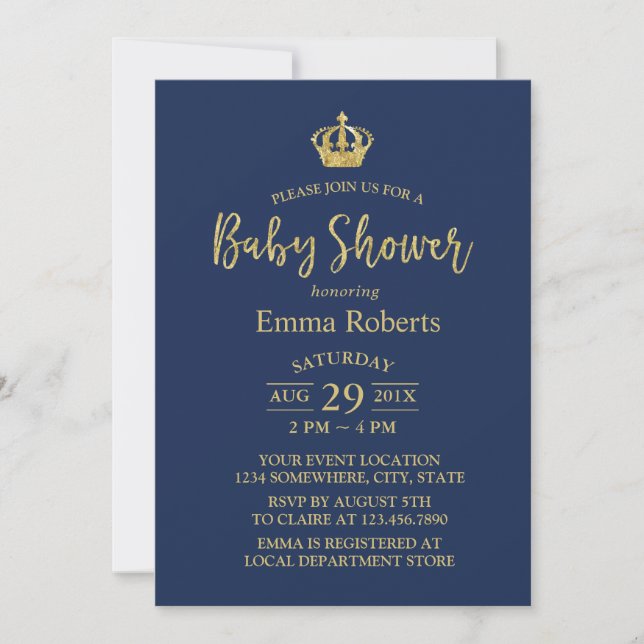 Invitation Baby shower Royal Gold Couronne Élégant Marine Ble (Devant)