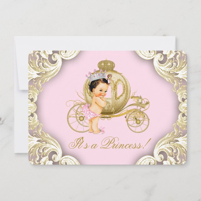 Invitation Baby shower Royal Princess de transport rose et or (Devant)