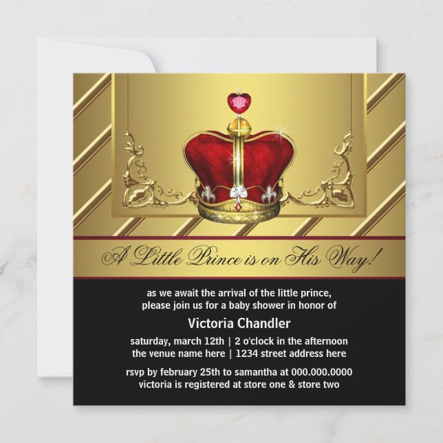 Invitation Baby shower royal rouge et or (Devant)