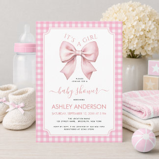 Invitation Baby Shower Ruban Rose Gingham à Carreaux C'est un