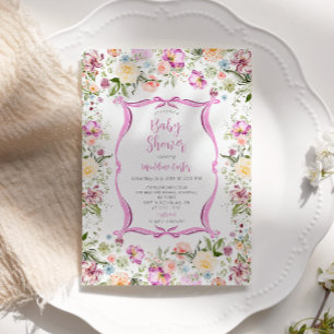 Invitation Baby Shower Ruban Rose Jardin Floral Lumineux