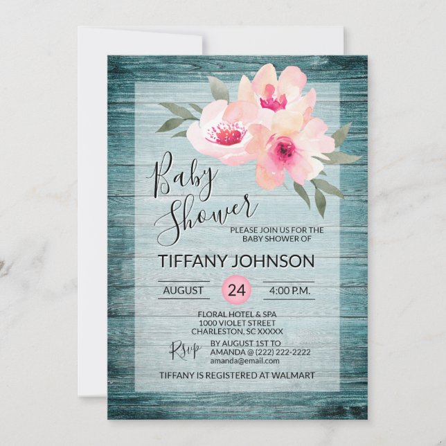 Invitation Baby shower Russe bleu rose floral Aquarelle (Devant)