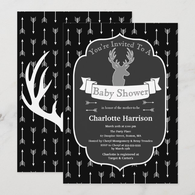 Invitation Baby shower russe moderne de cerfs noirs et blancs (Devant / Derrière)