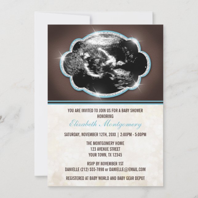 Invitation Baby shower Russe Parties scintillant Blue Sonogra (Devant)