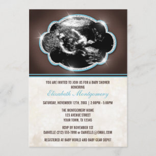 Invitation Baby shower Russe Parties scintillant Blue Sonogra