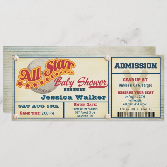 Invitation Baby shower Rustic Baseball Ticket (Devant / Derrière)