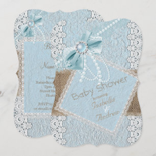 Invitation Baby shower Rustic Blue Bow Pearl Lace Burlap