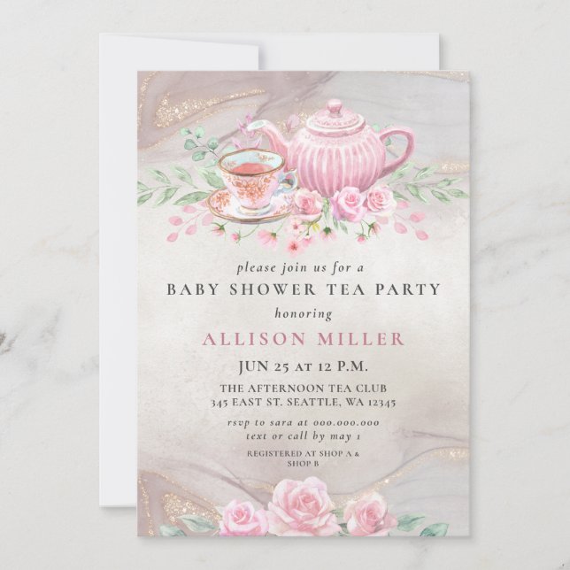 Invitation Baby shower Rustic Blush Rose Gold Tea Party (Devant)