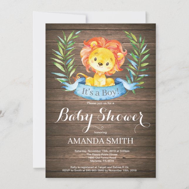 Invitation Baby shower Rustic Boy Lion (Devant)