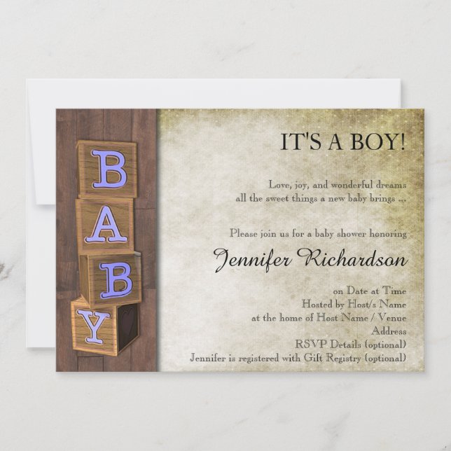Invitation Baby shower Rustic Country Blue Blocks (Devant)