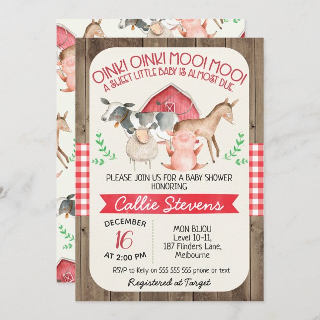 Invitation Baby shower Rustic Farm Animals (Devant / Derrière)