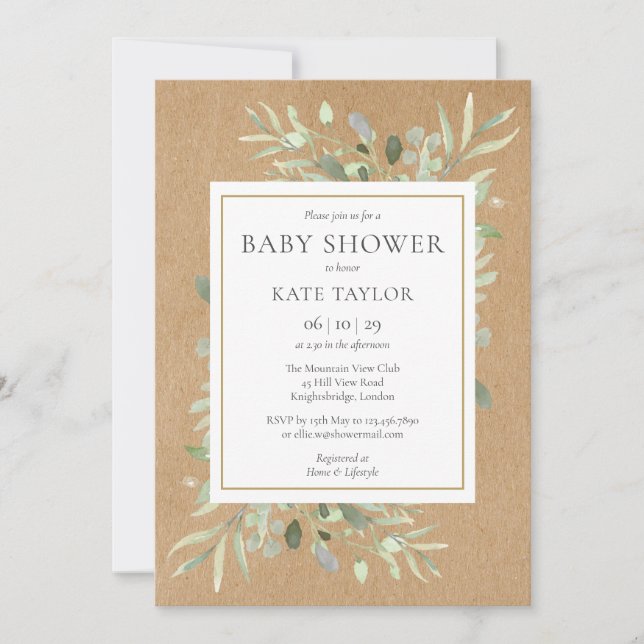 Invitation Baby shower rustique|Aquarelle à saupoudrer Verdur (Devant)