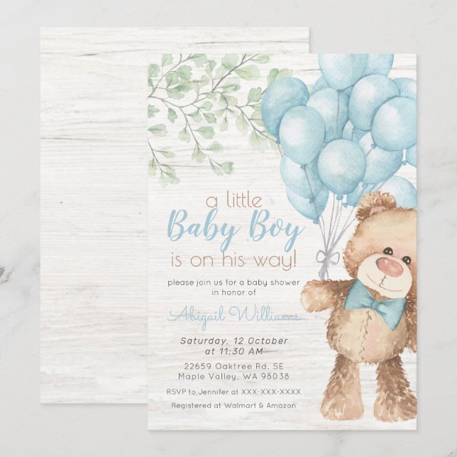 Invitation Baby shower Rustique Aquarelle Bleu Ours Garçon (Devant / Derrière)