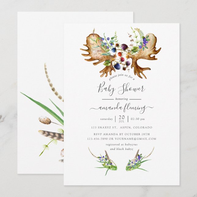 Invitation Baby Shower Rustique Aquarelle Forêt (Devant / Derrière)