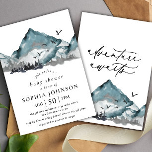 Invitation Baby shower rustique Aquarelle Montagne Bois