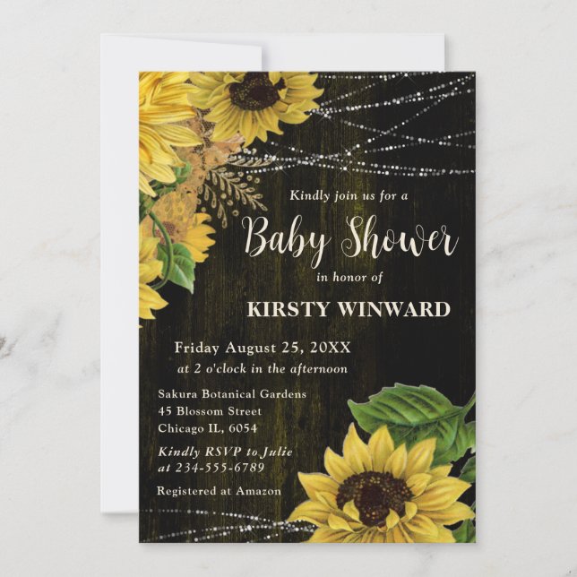 Invitation Baby shower Rustique Automne Sunflowers Bois (Devant)