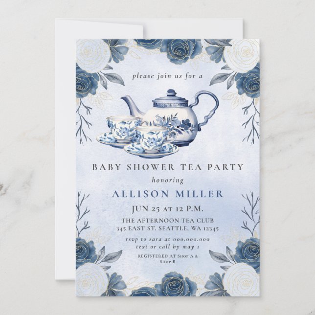 Invitation Baby shower Rustique Blue Chinoiserie Tea Party (Devant)