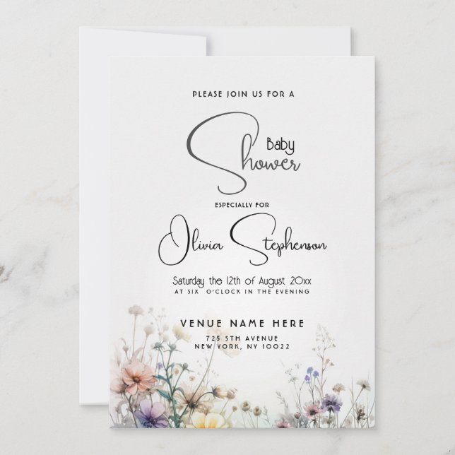 Invitation Baby shower Rustique Boho Aquarelle Fleurs sauvage (Devant)