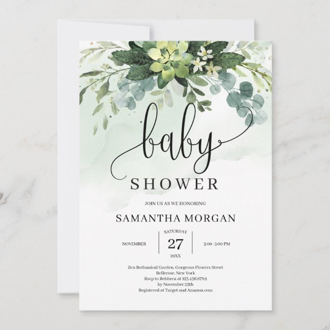 Invitation Baby shower rustique boho fleuri et verdoyant (Devant)