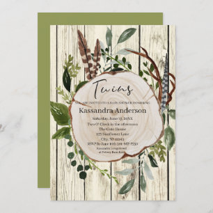 Invitation Baby shower rustique Boho Green Twins