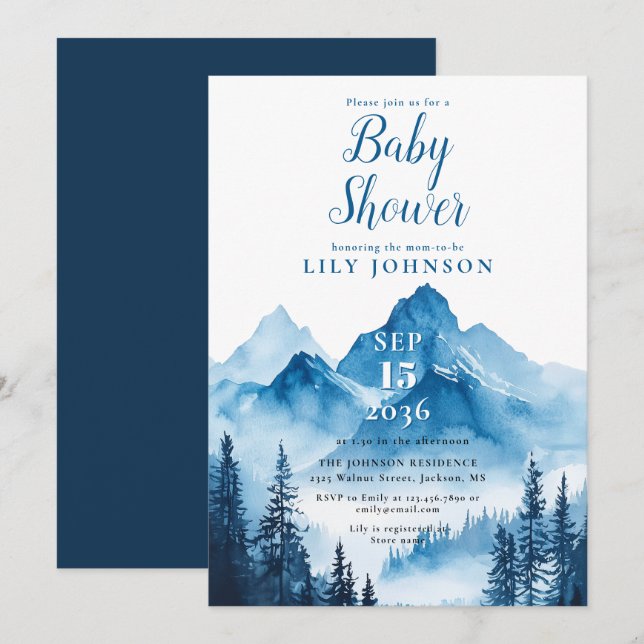 Invitation Baby shower Rustique Boho Watercolor Mountain (Devant / Derrière)