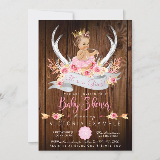 Invitation Baby shower Rustique bois Baby shower Antler (Devant)
