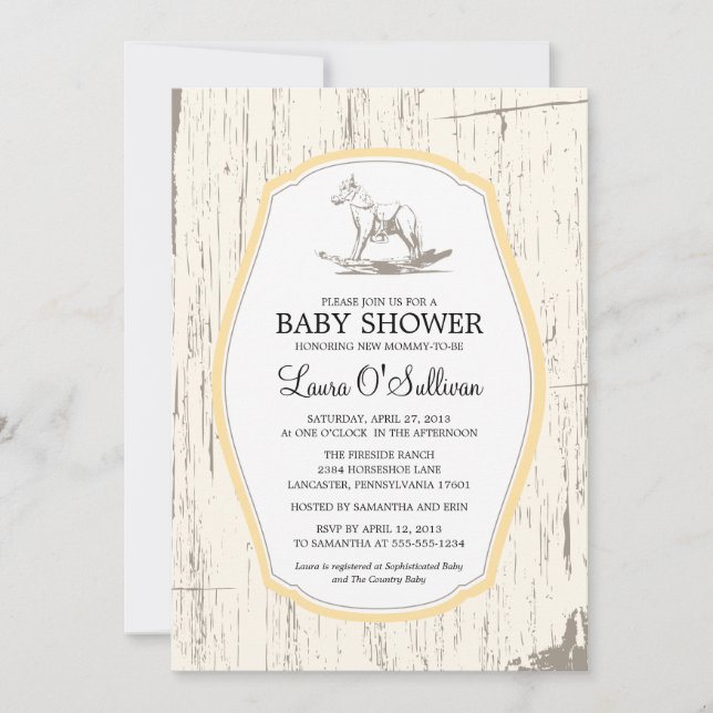 Invitation Baby shower Rustique Bois Rocking Horse (Devant)