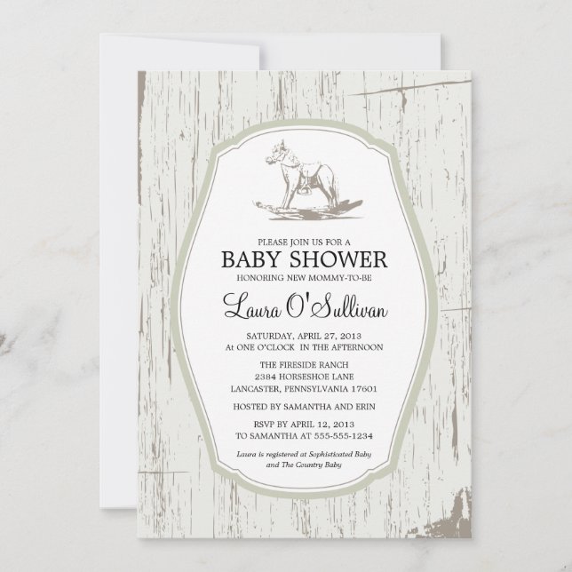 Invitation Baby shower Rustique Bois Rocking Horse (Devant)
