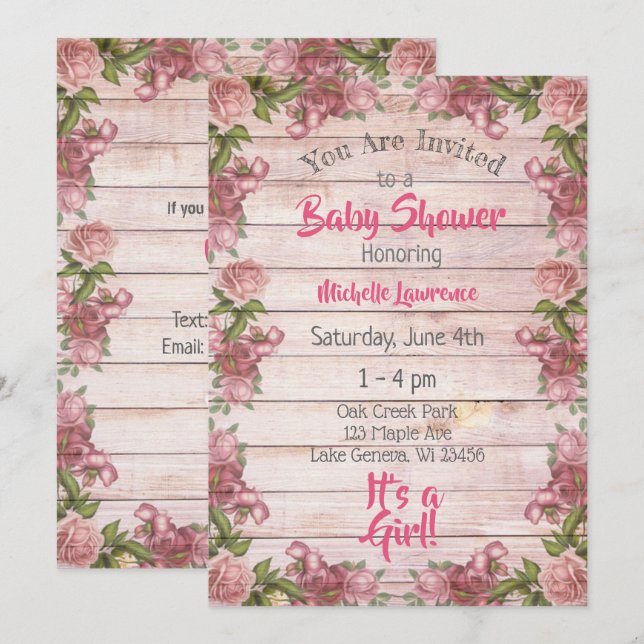 Invitation Baby shower Rustique Bois Rose Roses (Devant / Derrière)